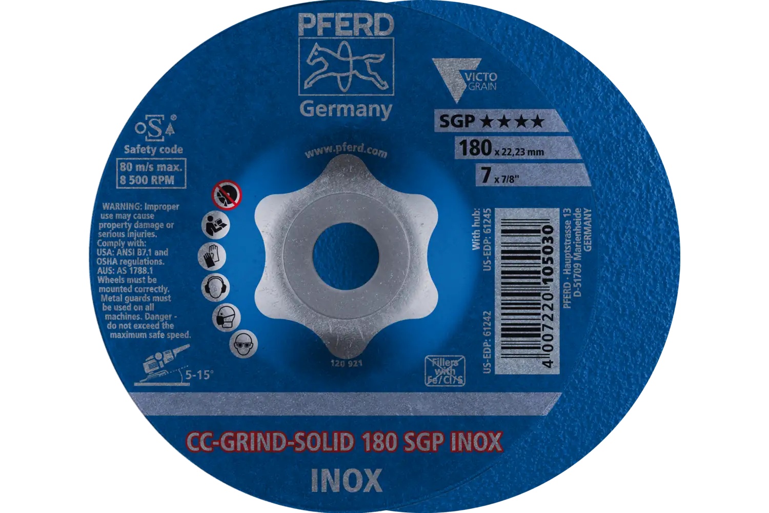 Picture of Pferd Grinding disc, CC-Grind®-Solid, 7" x 5/8-11, SGP Inox Victograin®-Cool, Ceramic